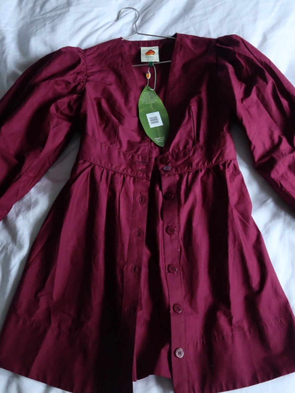 Farm Rio Burgundy Cotton Mini Dress Puff Sleeve (Size:XS, With Tags)